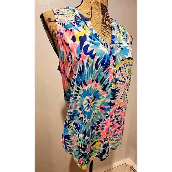 Lilly Pulitzer Essie Top Dive In Sleeveless Tank Top Gold Buttons Sz S - Picture 2 of 11